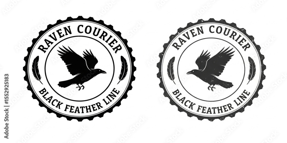 Fototapeta premium Raven Courier Black Feather Line logo seal on white background