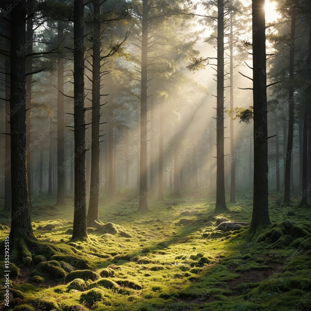 Naklejka premium Sun rays pierce through forest trees casting shadows on mossy ground. Calm, serene woods with natural light. Woodland scenery evokes feelings of peace, tranquility, healing. Scenic wild landscape