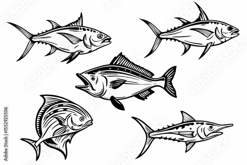 fish, sea, vector, illustration, fishing, animal, water, ocean, nature, food, underwater, salmon, icon, shark, marine, seafood, tuna, cartoon, river, aquarium, silhouette, art, wildlife, set, design
