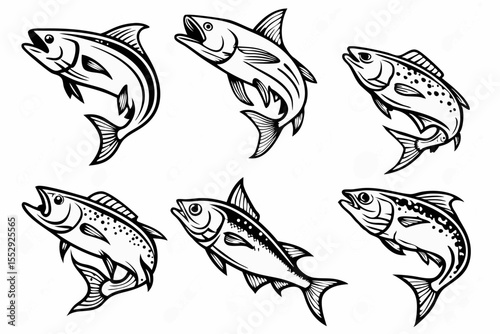 fish, sea, vector, illustration, fishing, animal, water, ocean, nature, food, underwater, salmon, icon, shark, marine, seafood, tuna, cartoon, river, aquarium, silhouette, art, wildlife, set, design