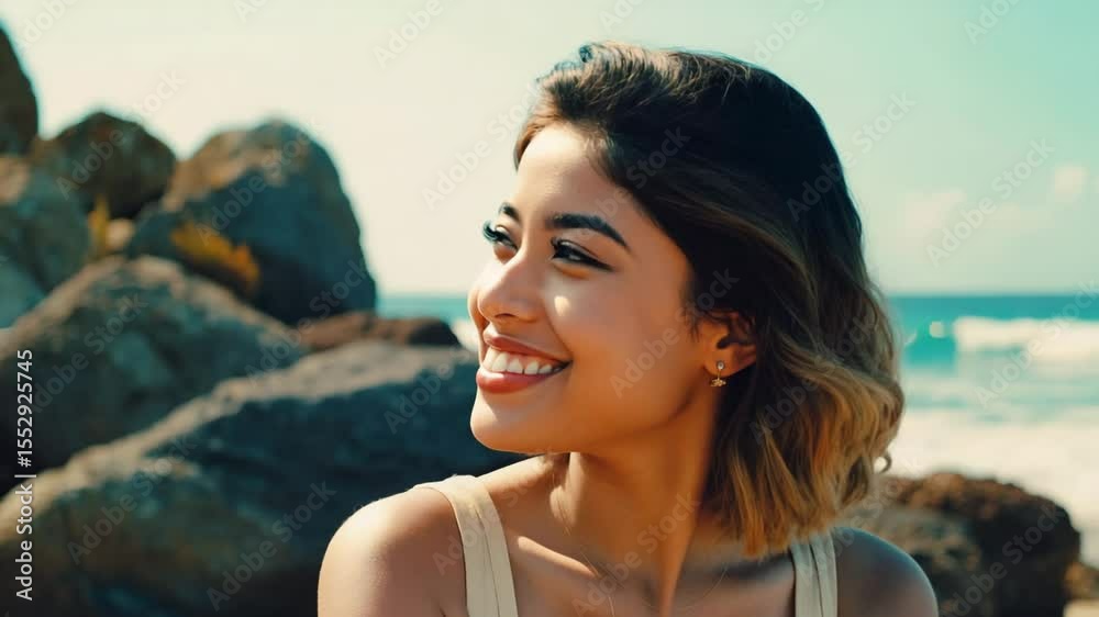 Smiling woman enjoying summer day at the beach. She is looking away and has a relaxed and happy expression. Her hair is styled in a bob and she is wearing a light-colored top.