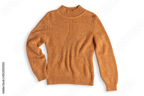 Top view of single casual yellow brown ribbed knit traditional sweater with long sleeves made of cozy soft cashmere fiber isolated on white background used as autumn warm knitwear wool textile clothes