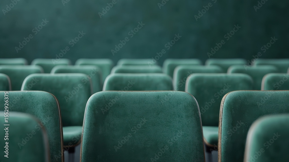 Fototapeta premium An empty hall filled with rows of teal-colored chairs, creating a sense of calm and anticipation, representing the theme of waiting or reflecting in a spacious environment.
