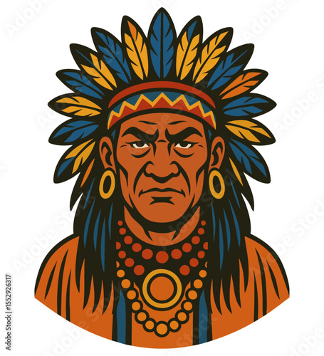 American red indian tribal leader. Portrait of traditional wearing Indian clothing man. Spiritual indigenous healer in feather headdress