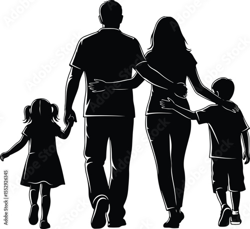  Silhouette bundle of different family types nuclear family, single parent with two kids, and couple with stroller. Walking, hugging, or playing together