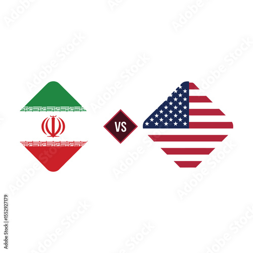 Iran and U S A Flags in Diamond Shapes with V S Text
