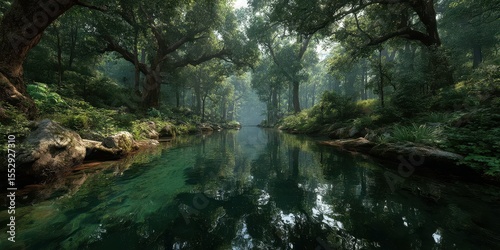 Serene forest landscape with tranquil water reflecting lush greenery in daylight
