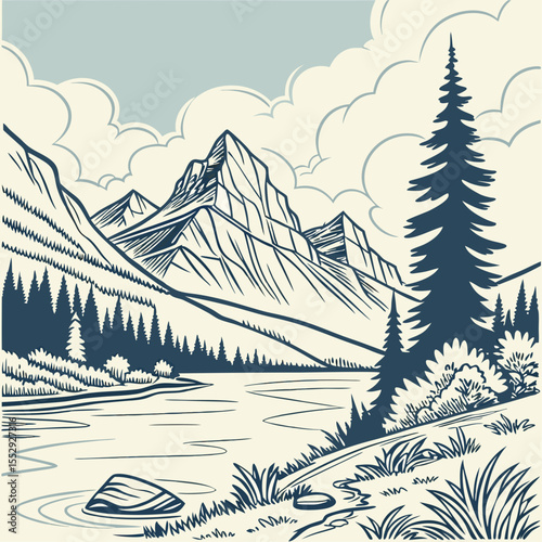 Serene Mountain Landscape with Lake Trees and Cloudy Sky in Vector Art