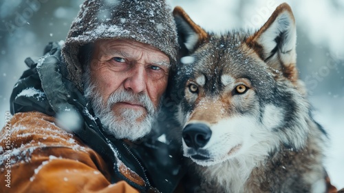 A rugged elderly man embraces a majestic wolf while snow flurries dance around them, showcasing an intimate bond between humans and nature in a winter wonderland.