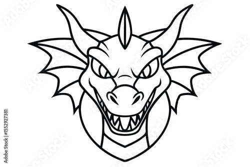 Line art reveals the intimidating dragon head featuring pointed ears and sharp teeth
