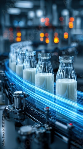 Milk bottles move along a conveyor belt in a dairy processing facility during production hours