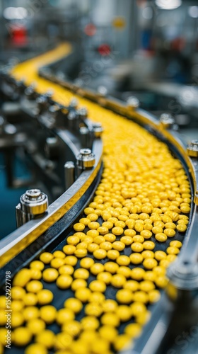 Yellow candies on a conveyor belt in a manufacturing facility during a busy production period