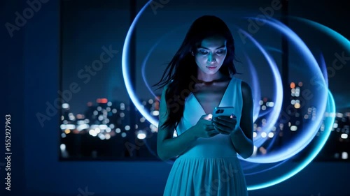 Young Woman Using Smartphone with Futuristic Digital Connections in a Modern City Apartment at Night