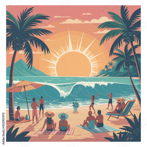 People enjoying a summer vacation on a tropical beach at sunset. Vector illustration with palm trees.