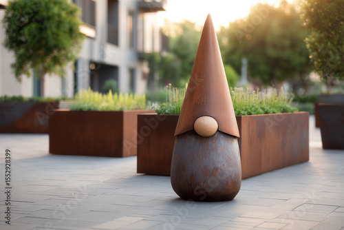 Metal gnome in an urban setting. Decorative dwarf statue stands near rectangular planters, creating a whimsical and artistic landscape. photo