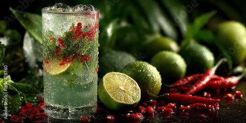 Refreshing cocktail with lime and chili served on a dark wooden surface surrounded by fresh ingredients