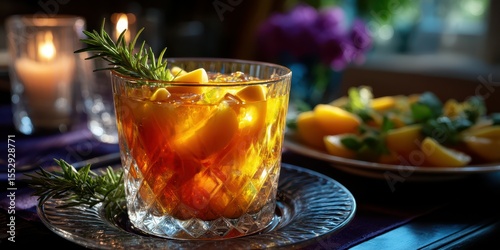 Cocktail served with fresh fruits and herbs in an elegant setting during an evening gathering