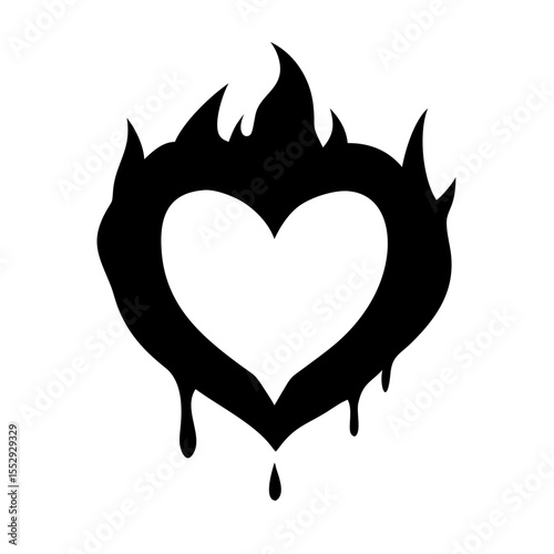 Burning heart shape with flames isolated on white background