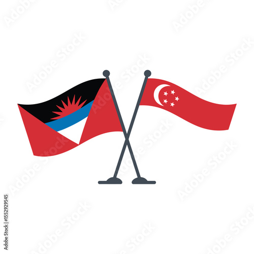Crossed Flags of Antigua and Singapore on White Background