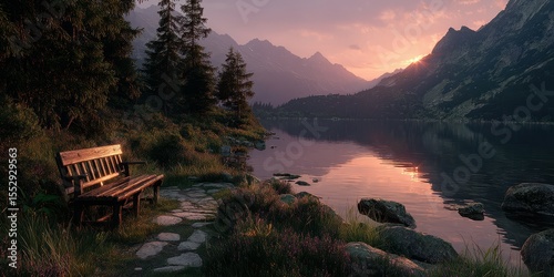 Scenic lakeside view with a wooden bench during sunset in the mountains