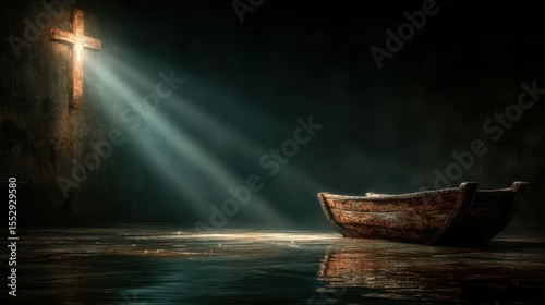 Light shines on an old boat in a tranquil setting with a cross reflected in the dim surroundings