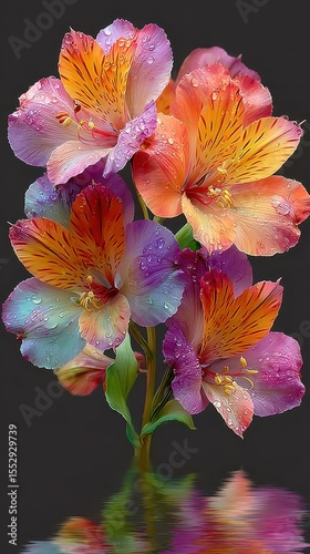 Beautiful alstroemeria flowers with vibrant colors and water droplets reflecting in still water