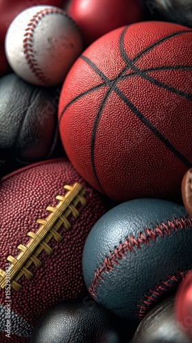 Collection of various sports balls including basketball, football, baseball, and more, displayed in close-up arrangement