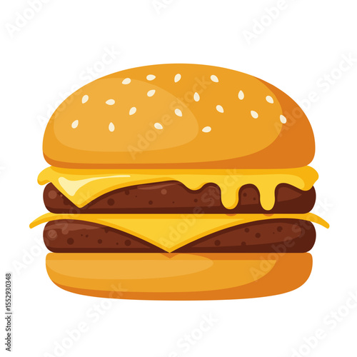 Cheeseburger with melted cheese, beef patty, and sesame bun in warm yellow and brown fills