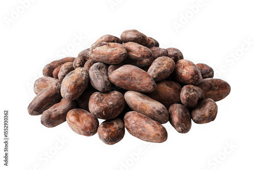 Pile of raw cacao beans, unprocessed cocoa seeds, chocolate ingredient, food photography, isolated on transparent background