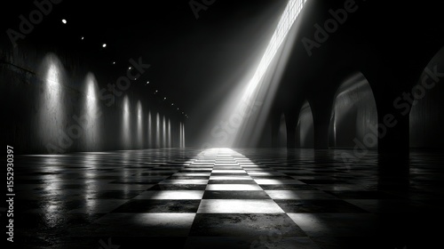 Dramatic light casts shadows over a checkerboard floor in a darkened hall