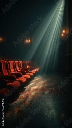 Quiet theater with red velvet seats and sunlight streaming in during a serene evening