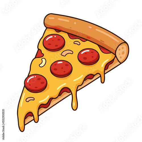 Vector icon of slice of pepperoni pizza with melted cheese and tomato sauce