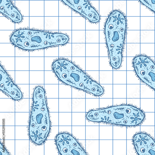 Hand drawn vintage seamless pattern of blue paramecium microorganisms on grid notebook background, vector science illustration