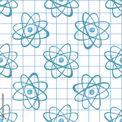 Hand drawn seamless pattern of atomic model sketch in blue color on grid notebook background, vector illustration