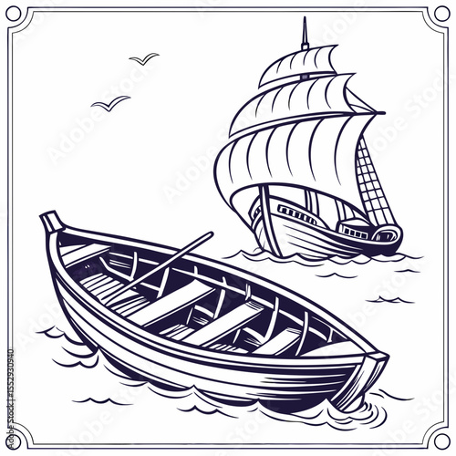 Nautical Scene with Rowboat Sailing Ship and Birds in Decorative Frame
