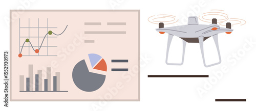 Drone alongside data visualization elements thumbs up graphs and pie chart representing aerial analytics and insights. Ideal for technology, innovation, data analysis, drone imaging, reporting