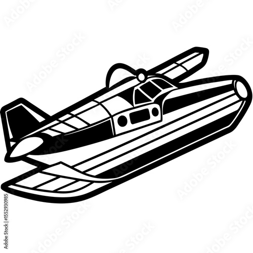 Black and White Illustration of a Seaplane with Pontoon Floats and Tail Fin