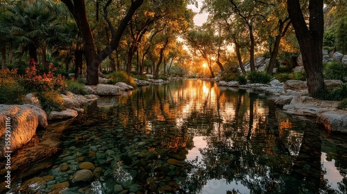Sunset over a serene river surrounded by trees and rocks in a tranquil landscape setting