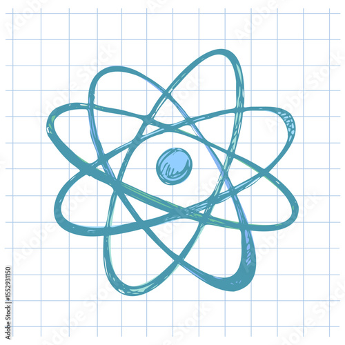 Hand drawn vintage sketch of single atomic model in blue color on grid notebook background, vector illustration
