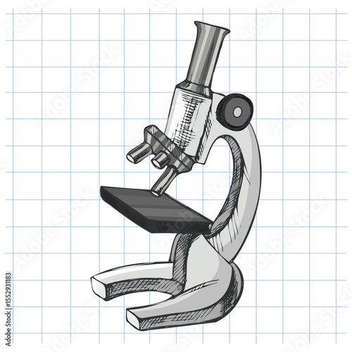 Hand drawn vintage sketch of grayscale scientific microscope on grid notebook background, isolated vector illustration for school