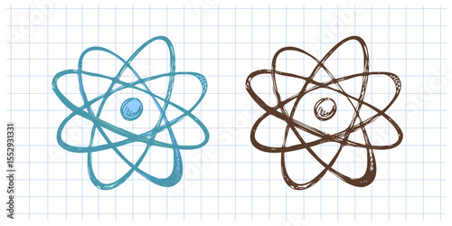 Hand drawn vintage sketch of atomic model in blue and brown color on grid notebook background, vector illustration set