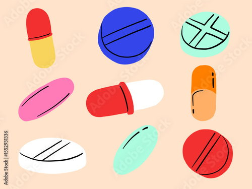 Medicine and Drug Tablet Icon Collection. A bold collection of medicine and drug tablets including capsules pills and scored tablets in red blue green and white. Perfect for pharmacy icons health