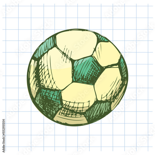 Hand drawn vintage sketch of classic soccer ball in yellow and green on grid notebook background, vector illustration