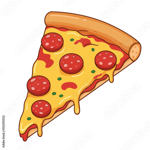 Slice of pepperoni pizza with melted cheese and tomato sauce in bright colors