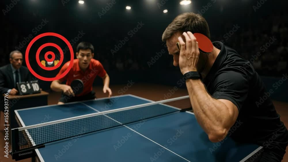Close-up action of final serve in a dramatic table tennis match under intense lighting. 4k Video footage.