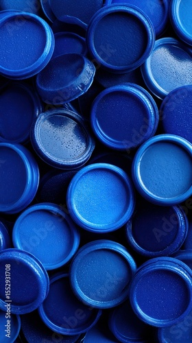 Variety of blue paint caps arranged in a close-up view showcasing different shades of blue