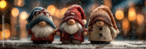 Adorable holiday gnomes dressed in cozy outfits stand together in a snowy setting with glowing lights in the background