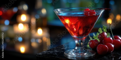 Refreshing cherry cocktail served in a stylish glass during a cozy evening ambiance by candlelight