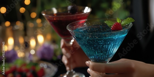 Elegant cocktails served at a festive event in a beautifully decorated outdoor setting at night