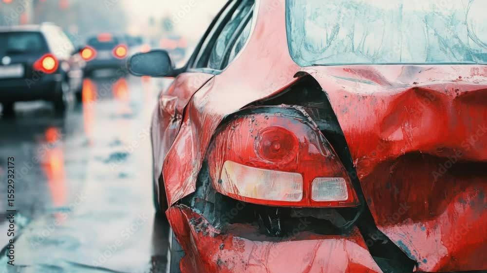 A red car parked on the street, waiting for its owner